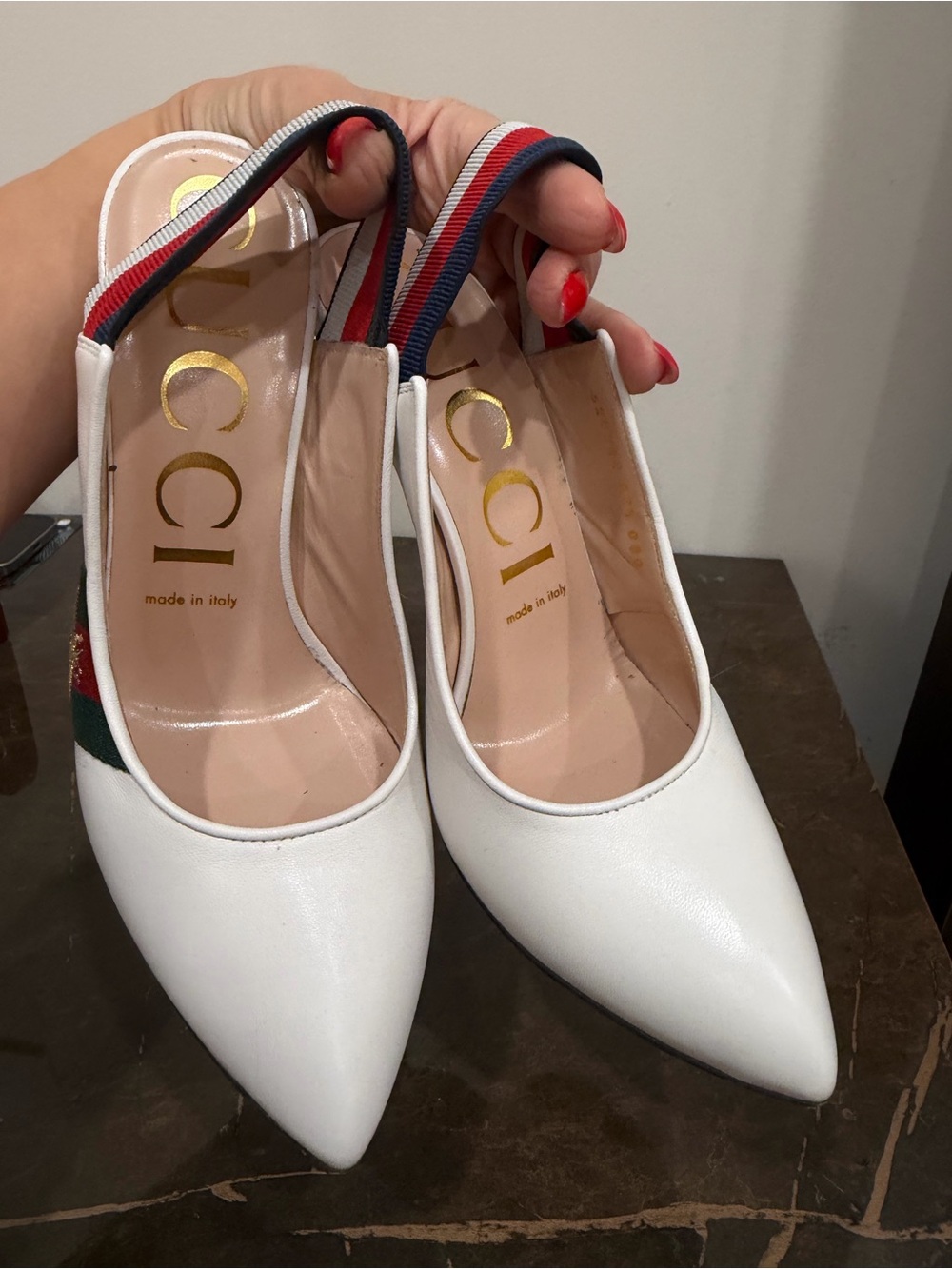 White Slingback High Heels with Red & Green Accent